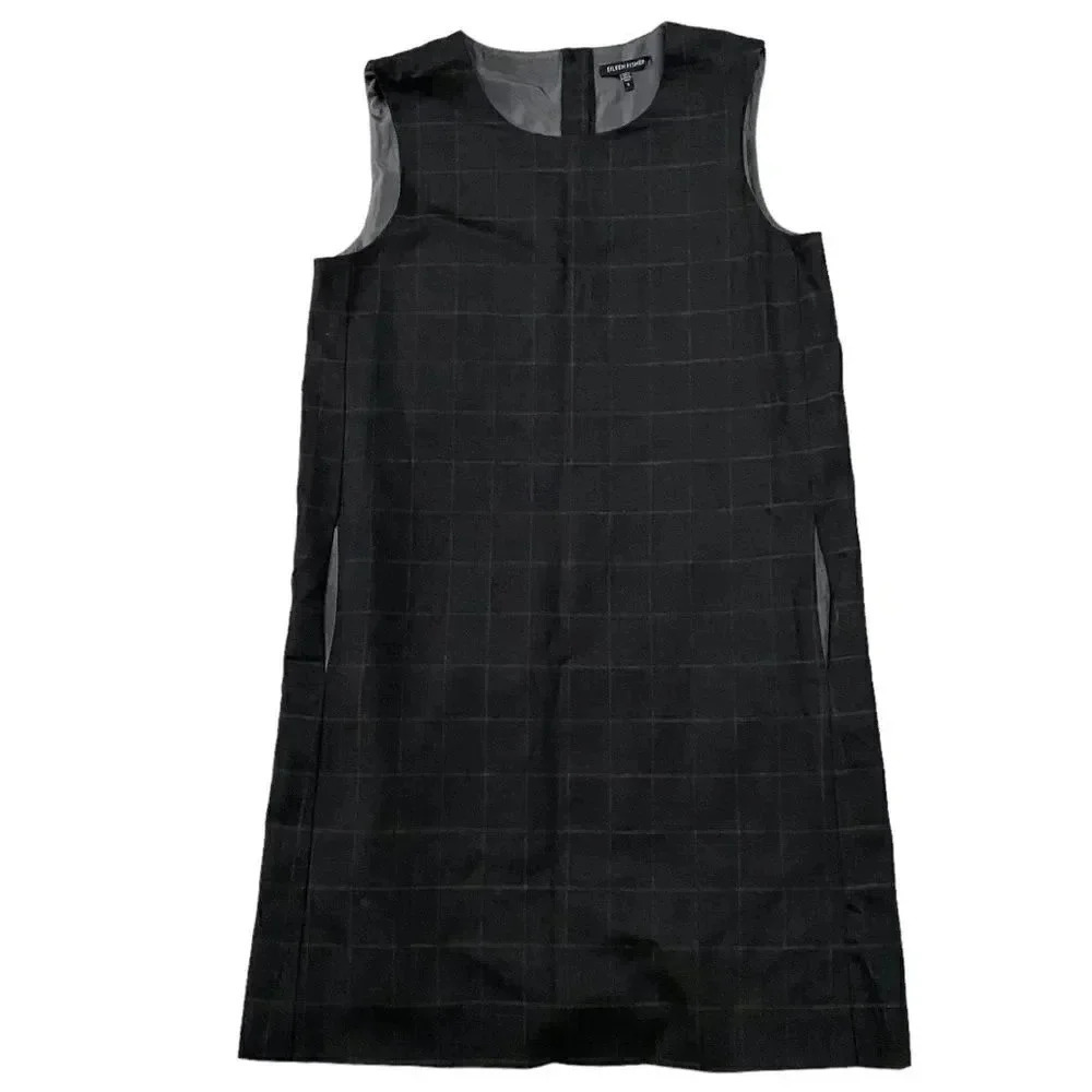 Eileen Fisher System Wool Blend Shift Dress Windowpane Plaid Gray Small
